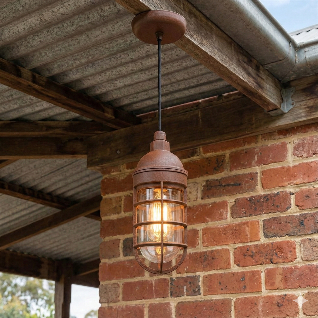 A rustic, caged pendant light hangs from a corrugated iron roof and wooden beams