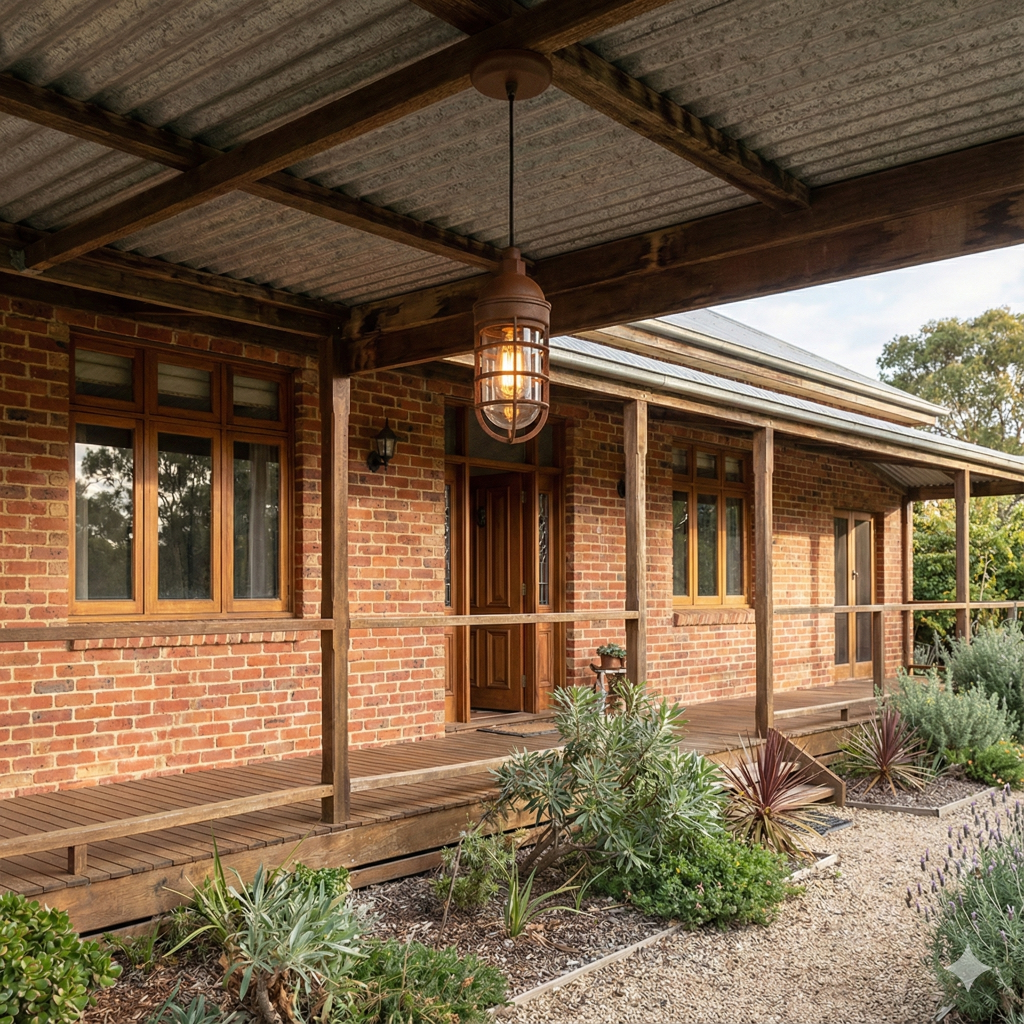 A rustic pendant light hangs from the corrugated iron roof of a brick homestead's verandah