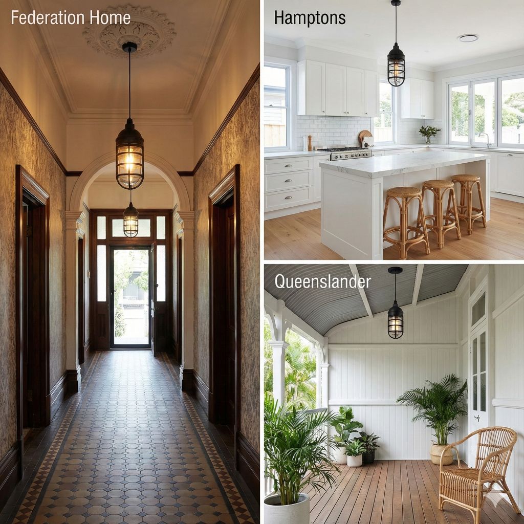 A collection of three Australian home styles, Federation, Hamptons, and Queenslander, each featuring a pendant light