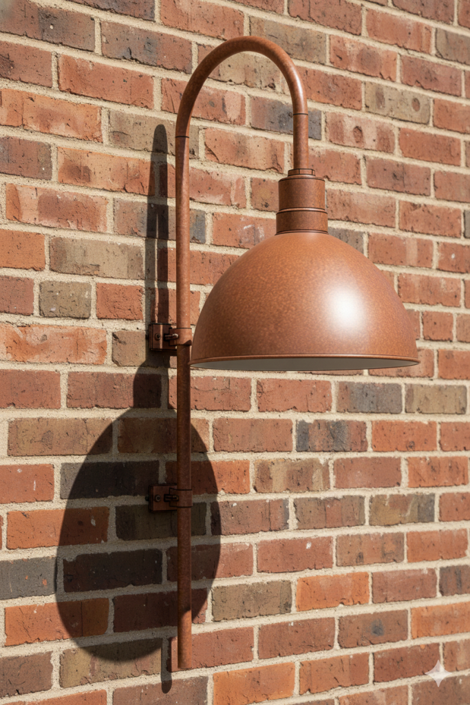 A rustic, copper-coloured gooseneck wall light is mounted on a brick wall