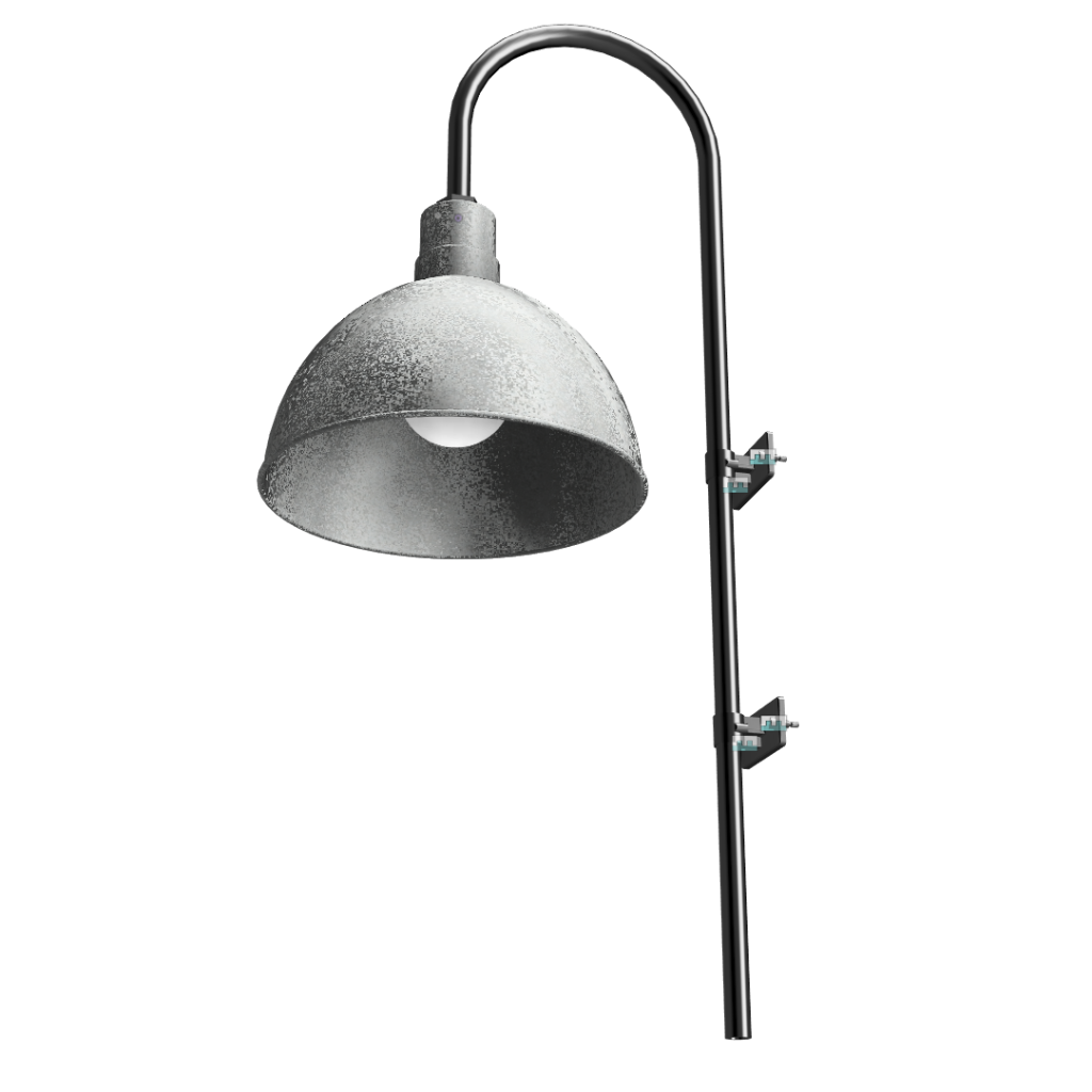 A grey gooseneck barn light fixture is shown against a white background