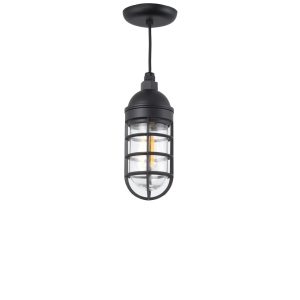 A black caged pendant light hangs from a black ceiling canopy