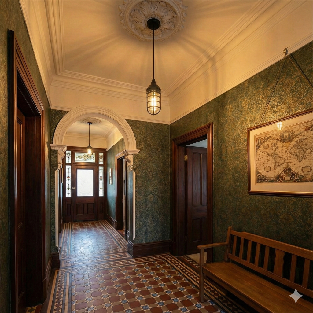 A dark caged pendant light hangs from a decorative ceiling medallion in a hallway with patterned wallpaper and tiled flooring