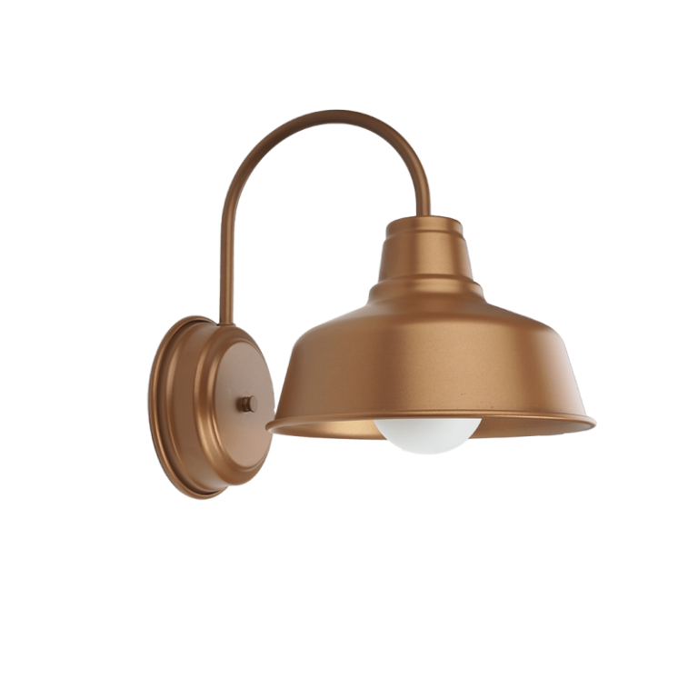 A bronze gooseneck wall light with a barn-style shade is shown against a black background