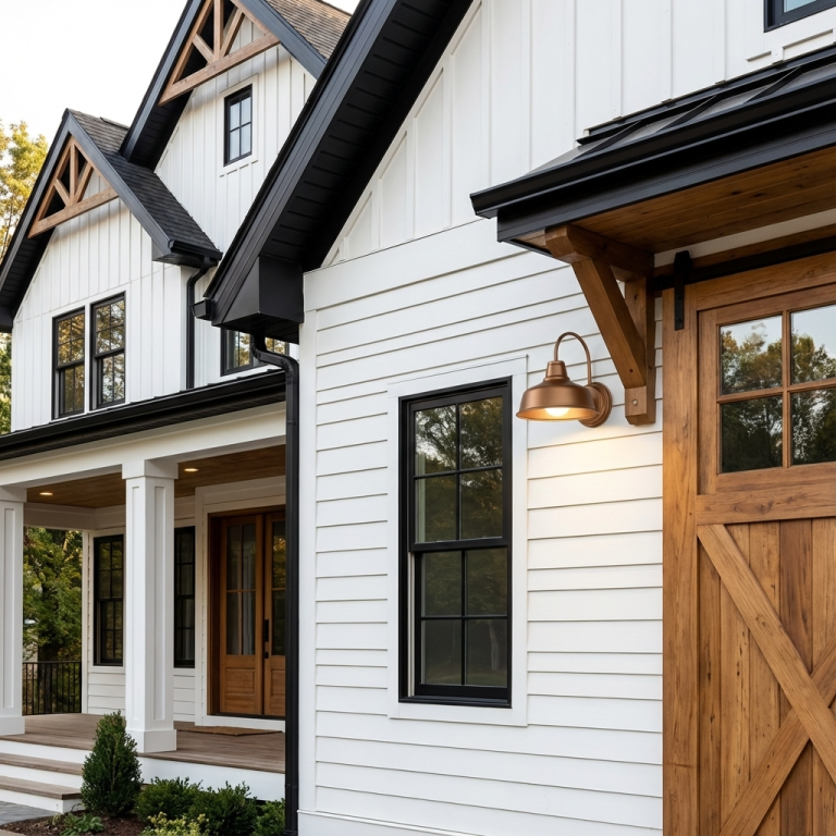 A copper gooseneck barn light is mounted on the exterior of a white modern farmhouse