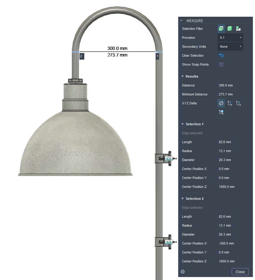 A grey gooseneck light fixture with a dome-shaped shade is shown with measurement annotations in a digital rendering
