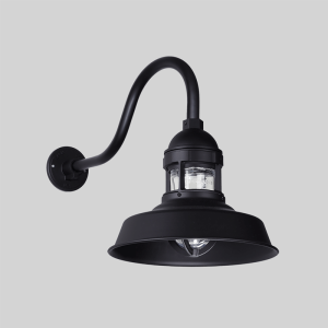 A black gooseneck wall light with a clear glass shade and a wide brim