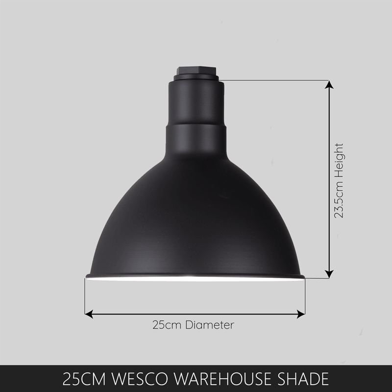 A black metal warehouse pendant light shade with dimensions indicated