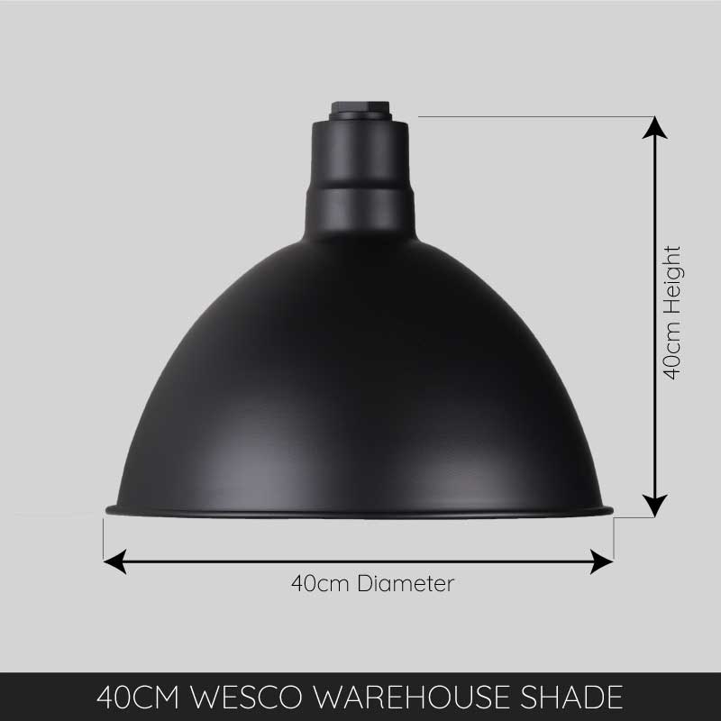 A black, dome-shaped warehouse pendant light shade with dimensions indicated