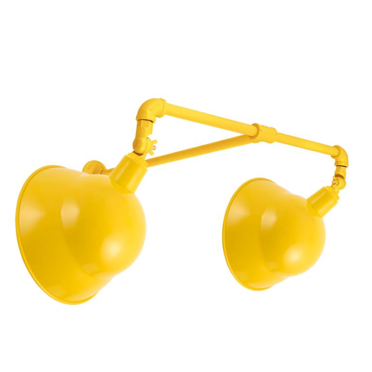 A bright yellow double-headed industrial-style wall light is shown against a white background