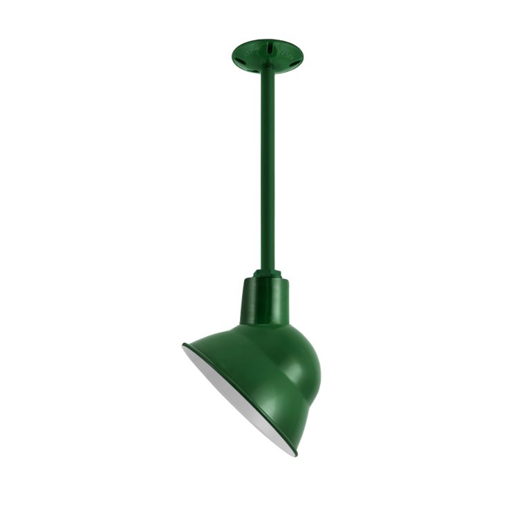 A dark green pendant light with a gooseneck stem hangs from a ceiling mount