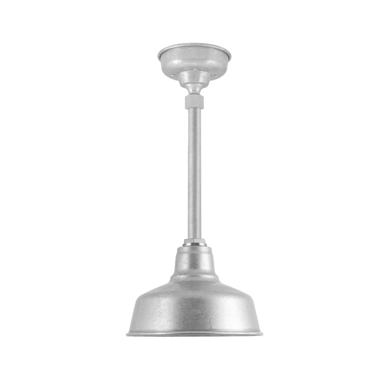 A silver gooseneck pendant light fixture is shown against a white background