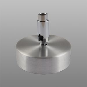 A brushed metal ceiling rose with a chrome fitting is shown against a grey background
