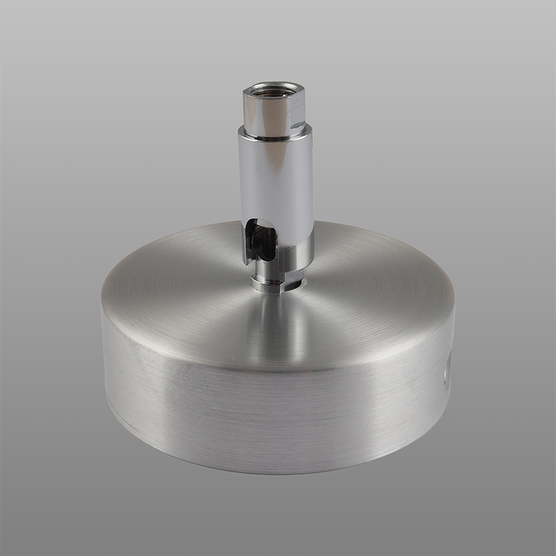 A brushed metal ceiling rose with a chrome fitting is shown against a grey background