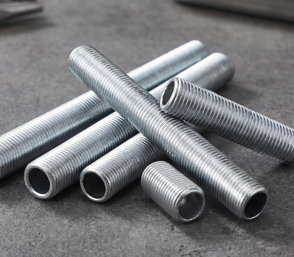A collection of threaded metal pipes are arranged on a textured grey surface