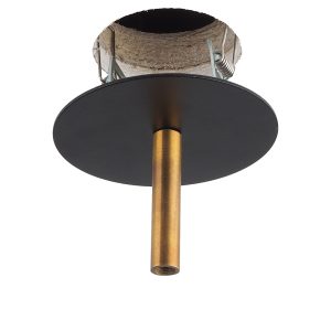 A close-up shot of a black and brass ceiling rose with a brass rod extending downwards
