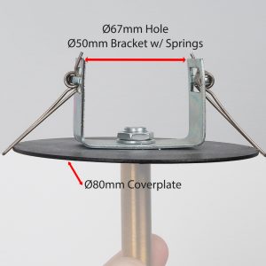 A metal bracket with springs and a coverplate is shown with dimensions indicated by text overlays