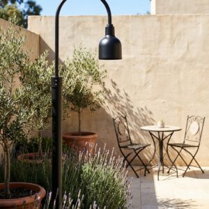 The Cafe Outdoor Post Mount in 17 cm above a daytime alfresco dining setting - artificially generated scene, reviewed and approved by Jesse Stringer