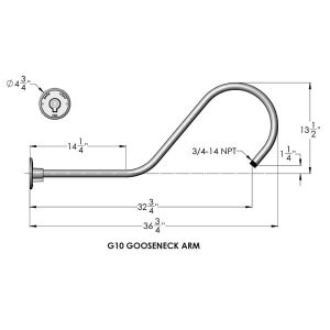 A technical drawing shows the dimensions and specifications of the G10 gooseneck arm