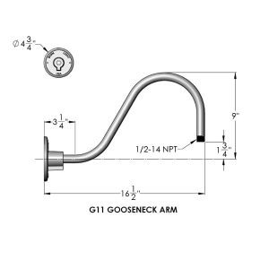 A technical drawing shows the dimensions and specifications of a G11 gooseneck arm