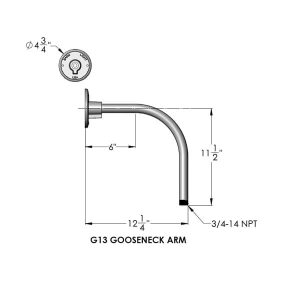A technical drawing shows the dimensions and specifications of the G13 Gooseneck Arm