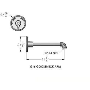 Technical drawing of the G16 Gooseneck Arm with dimensions and specifications
