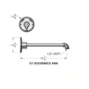 Technical drawing of the G1 Gooseneck Arm with dimensions and specifications