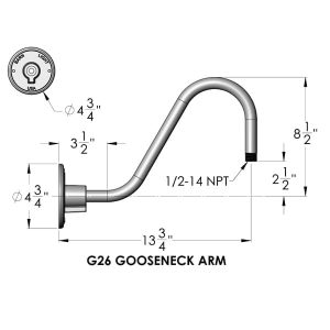 A technical drawing shows the dimensions and specifications of a G26 gooseneck arm