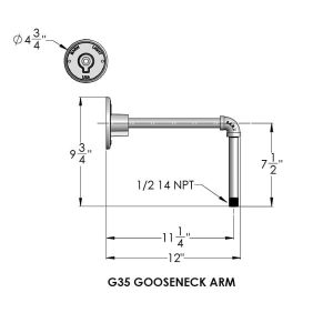 Technical drawing of a G35 gooseneck arm with dimensions and specifications