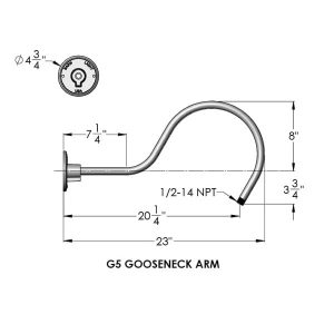 Technical drawing of the G5 gooseneck arm with dimensions