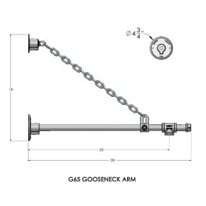 A technical drawing shows the dimensions and components of the G65 Gooseneck Arm