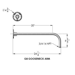 A technical drawing shows the dimensions and specifications of the G8 gooseneck arm