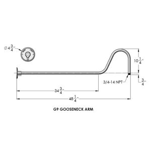 Technical drawing of the G9 gooseneck arm with dimensions and specifications