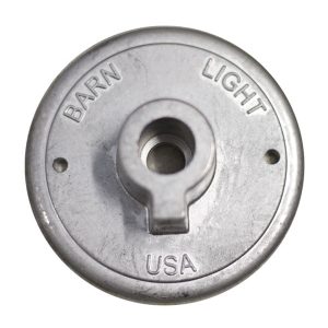 A silver barn light mounting plate is shown against a white background
