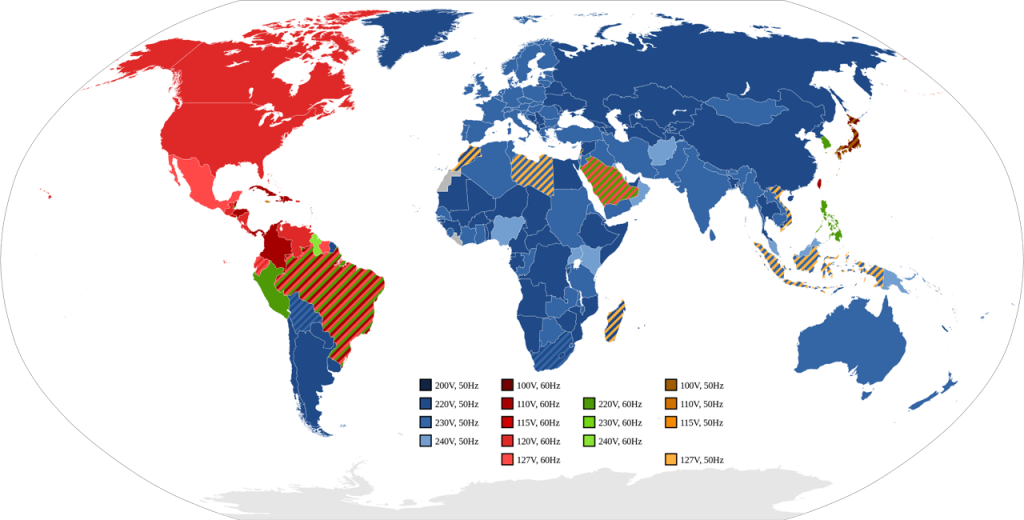 This world map illustrates the different voltage and frequency standards used across various countries