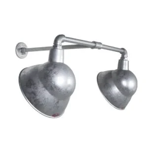 A double-headed silver gooseneck wall light fixture is shown against a white background