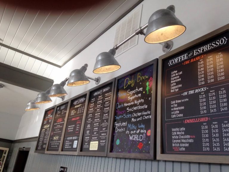 Several industrial-style wall-mounted gooseneck lights illuminate menus in a cafe
