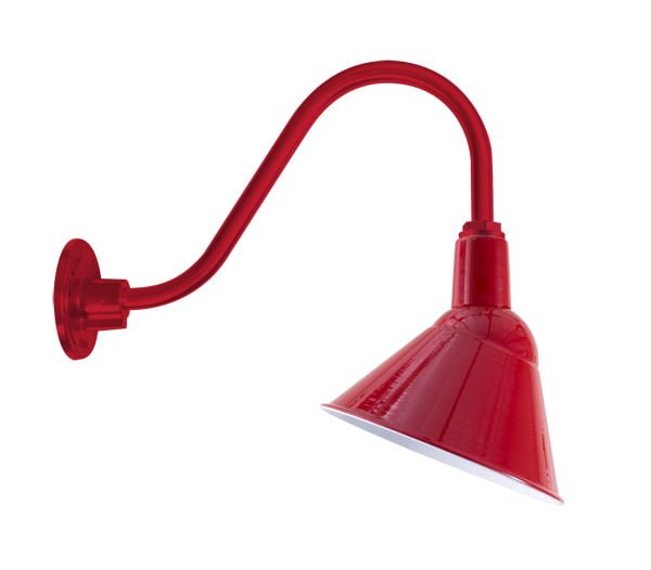 A vibrant red gooseneck wall light is shown against a white background