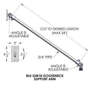 This is a technical drawing of the BLE-SUB18 gooseneck support arm, showing its adjustable angle and dimensions