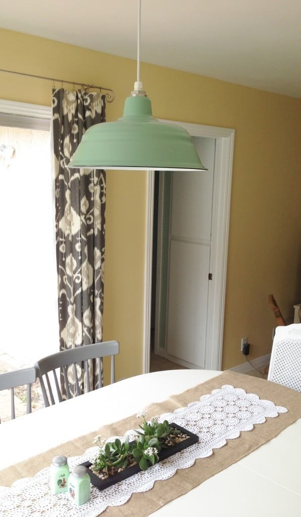 Katie Irving's new dining room lighting via our Bomber Barn Pendant. 17" in 355-Jadite