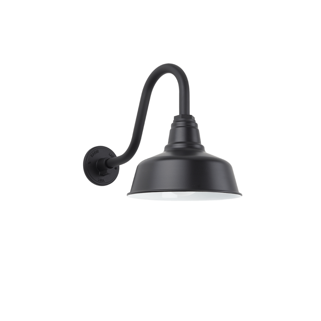 Industrial styled wall light in Black shown on gooseneck mounting