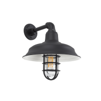 Modern styled black caged wall light on Straight Industrial Arm with IP55 Rated Light protector
