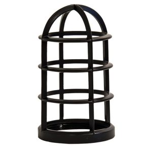 A black caged light fixture is shown against a white background