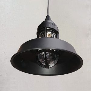 30cm / 12" Sydney Barn Pendant in Electro Black Ace Powdercoat w/ Clear Glass.Suspended by Standard Black Cord (SBC).Underside shown with All-Over Black Ace on Shade.