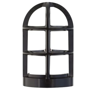 A black caged light fixture is shown against a white background