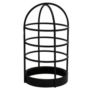 A black metal caged light fitting is shown against a white background